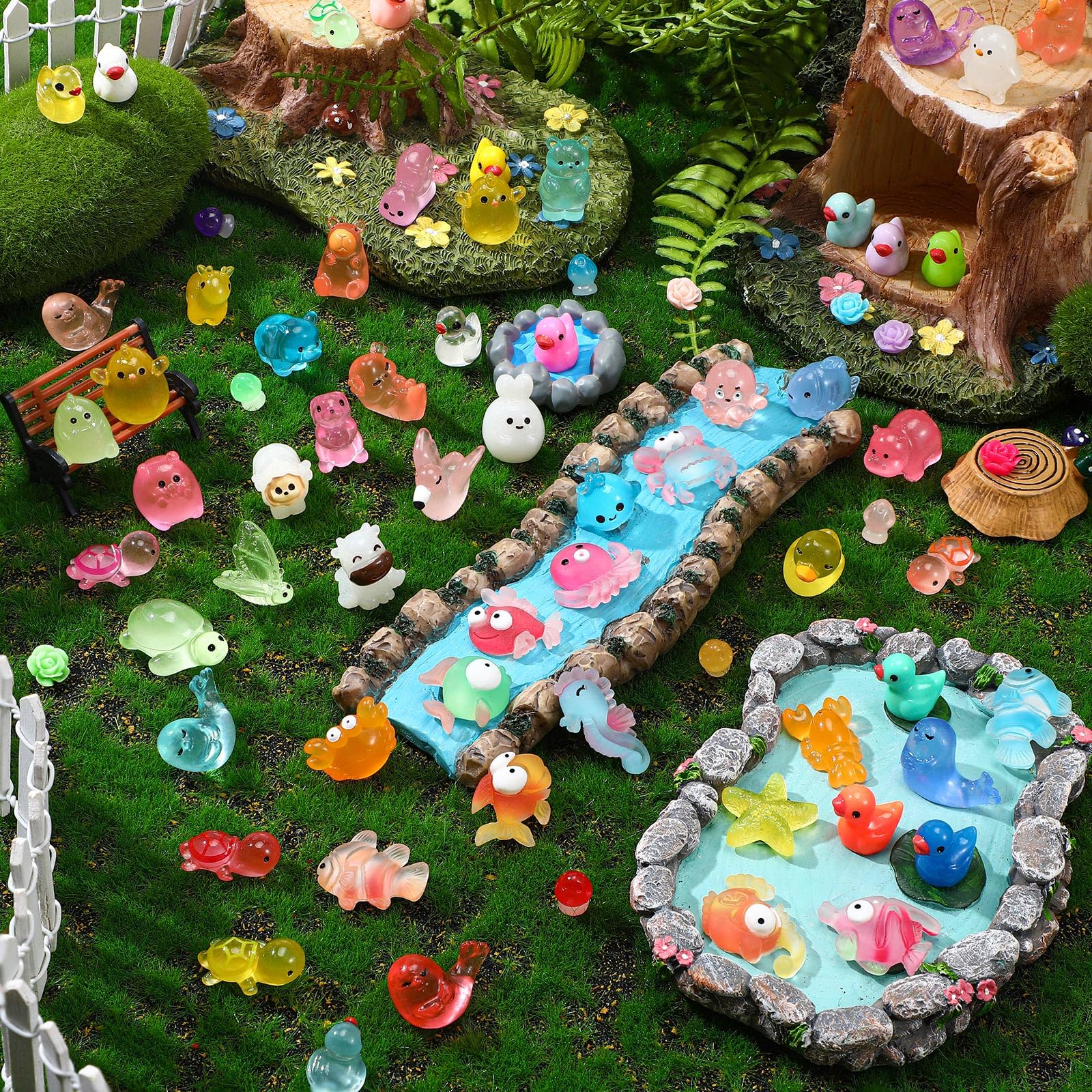 BrightRow mini animals arranged inside a terrarium enhancing plant scene