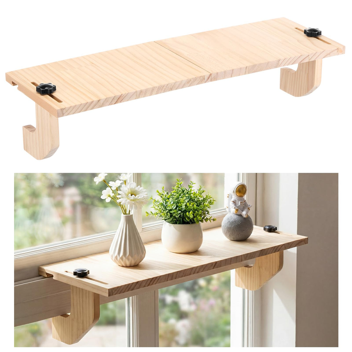 BrightRow front view of window shelf showing platform and bracket benefit: added sunlight space