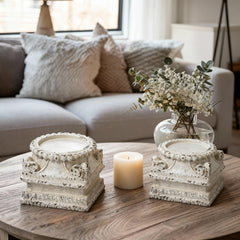 BrightRow pedestal holding a candle to show stable top surface and warm ambiance