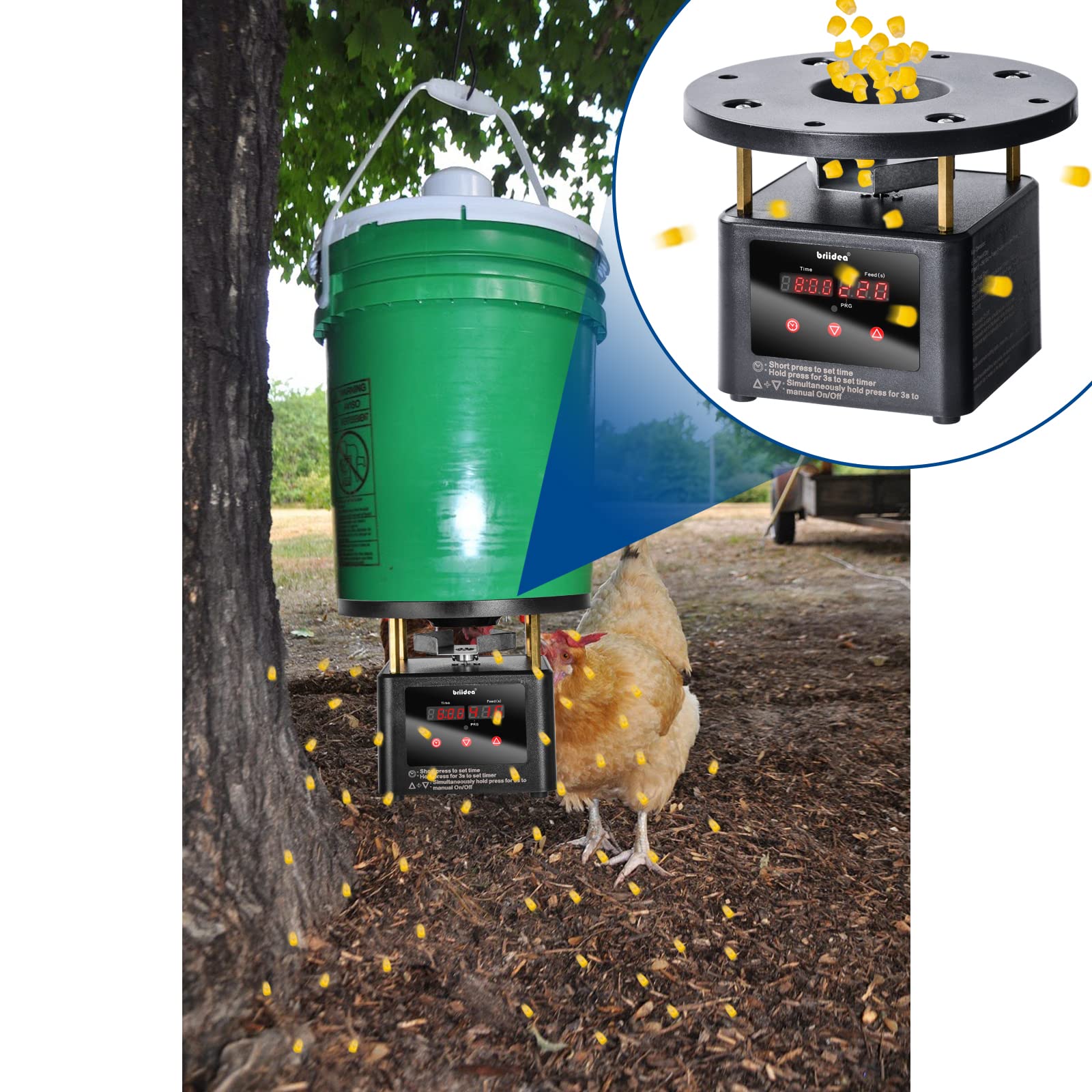 briidea installed on chicken feeder showing hands-free feeding benefit