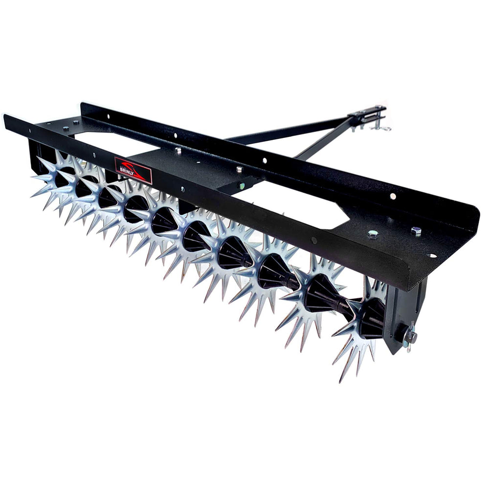 Brinly front view of tow-behind aerator showing durable frame and stars for efficient aeration