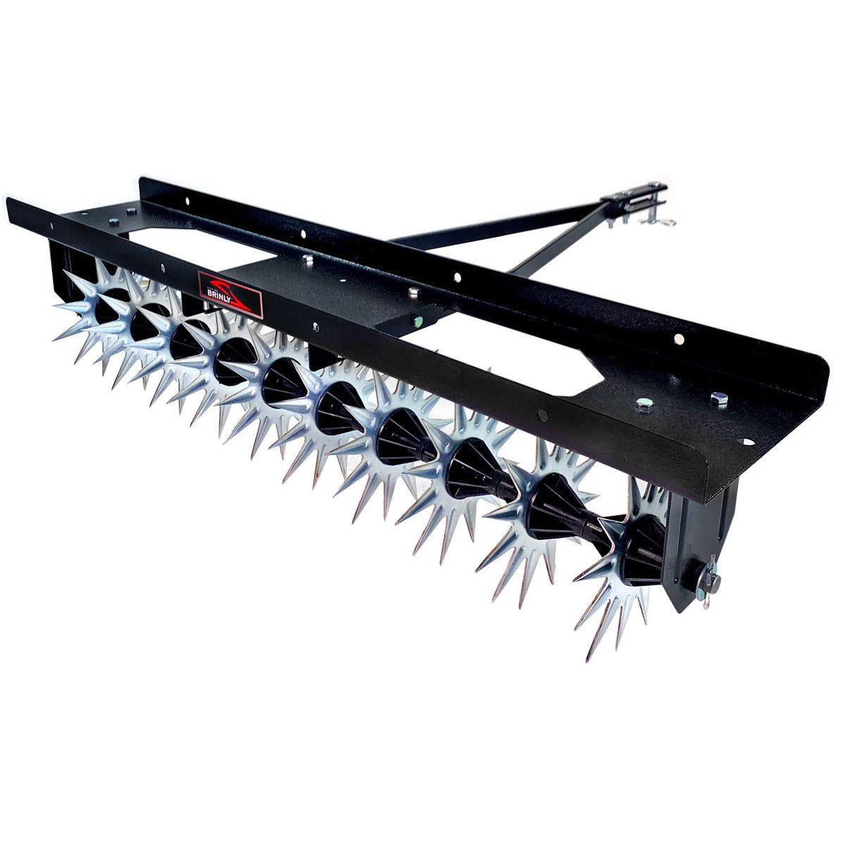 Brinly front view of tow-behind aerator showing durable frame and stars for efficient aeration