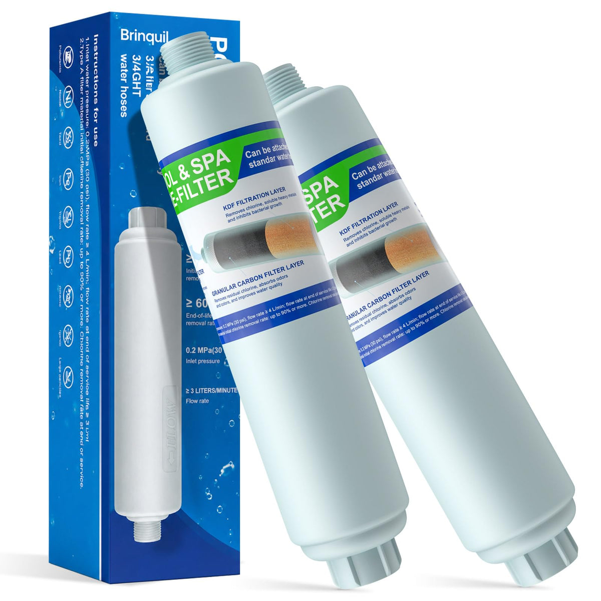 Brinquil front packaging showing garden hose filter benefits and capacity