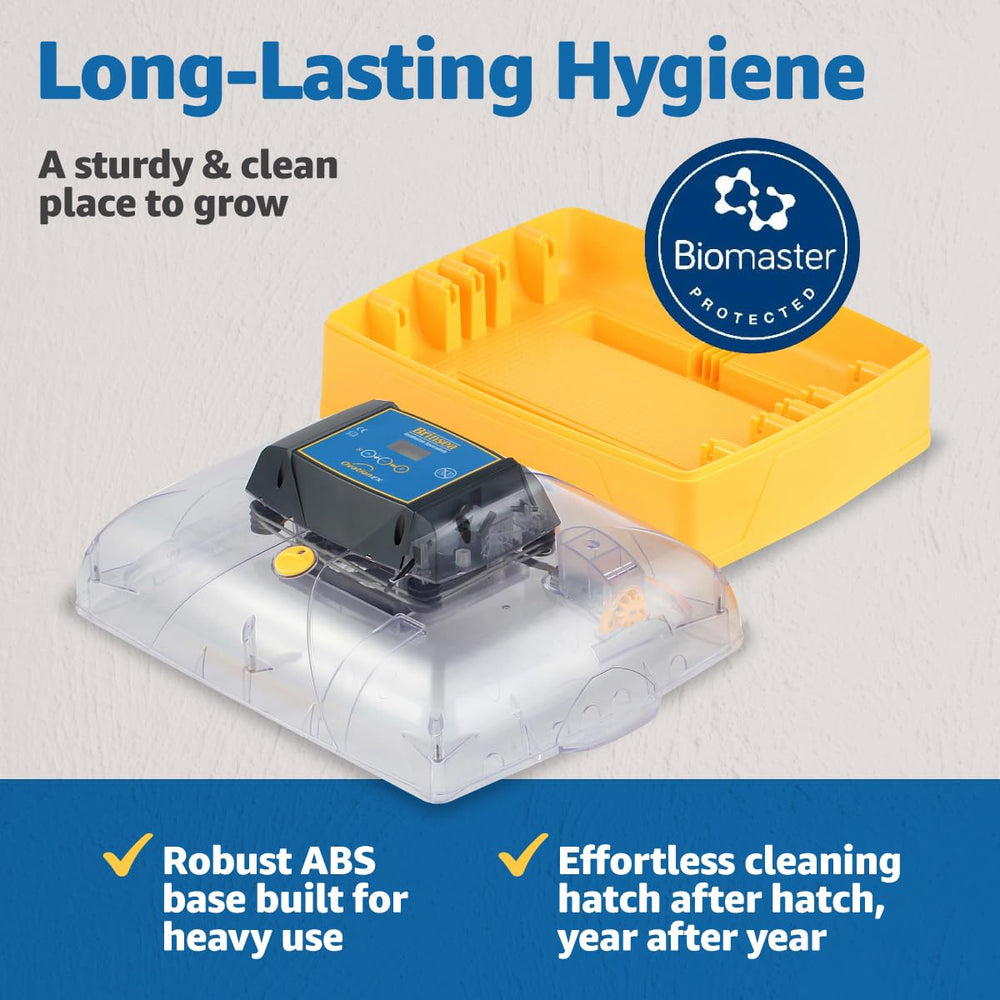 Brinsea unit beside hand for scale showing compact footprint advantage