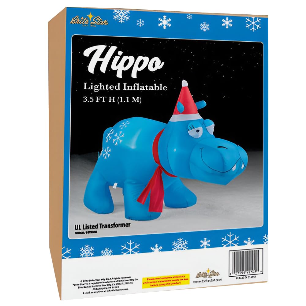 Brite Star blue hippo inflated on lawn demonstrating outdoor display appeal
