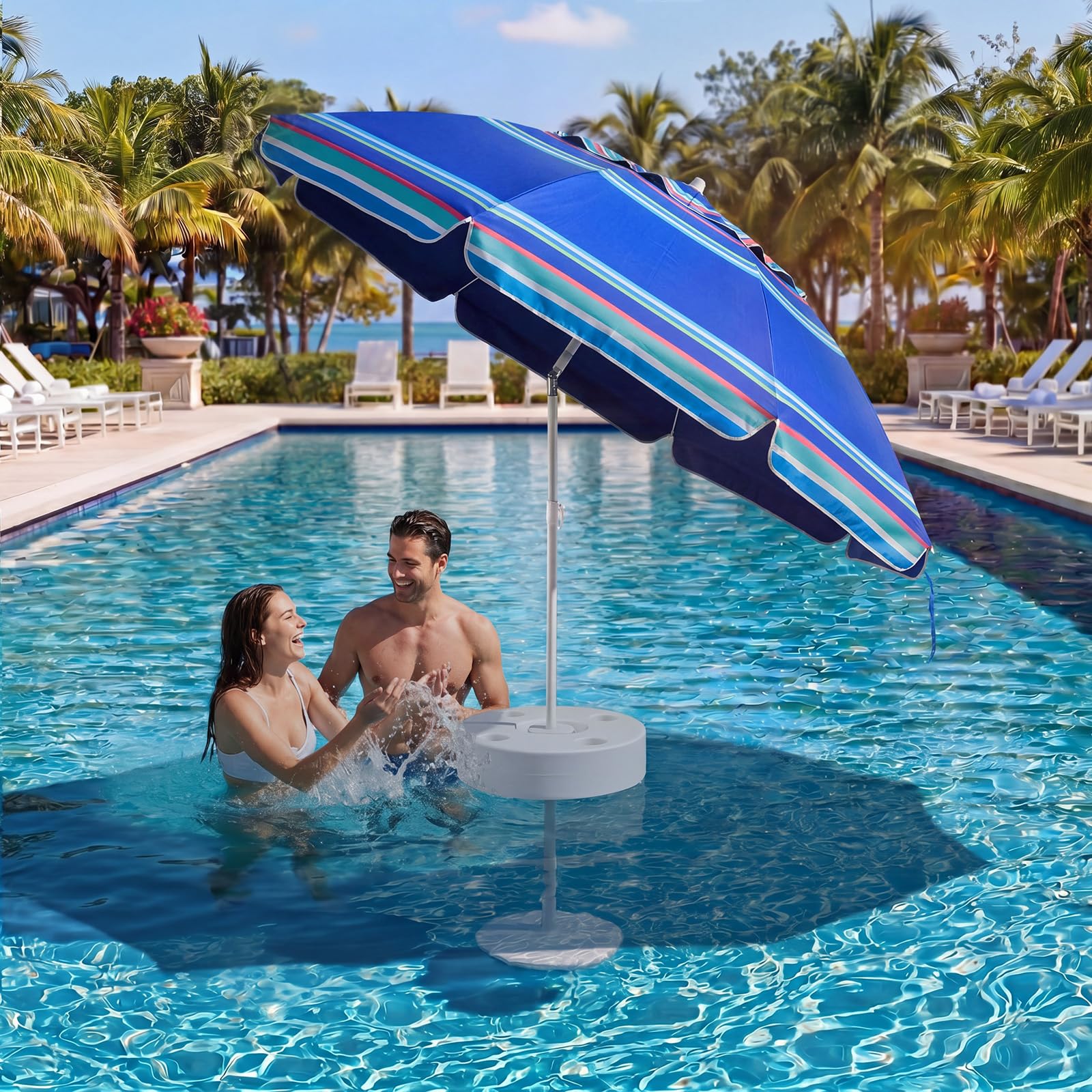 Briwooody front view of floating umbrella showing full blue stripe canopy and shade benefit