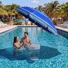 Briwooody front view of floating umbrella showing full blue stripe canopy and shade benefit