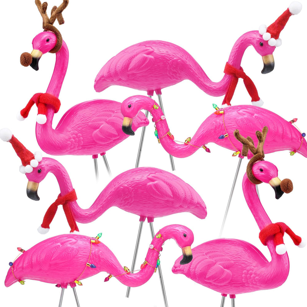 Briwooody front packaging showing six pink flamingo ornaments and included stakes, festive curb appeal