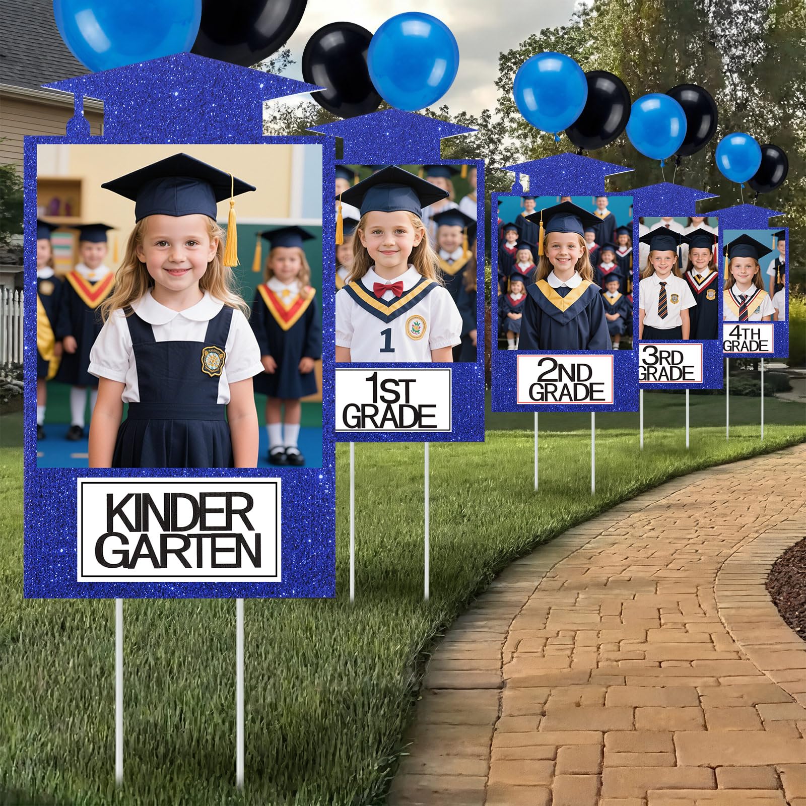 Briwooody front row display of 13 blue graduation photo signs showing sequence and visual impact