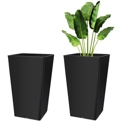 Briwooody front view of two black tapered planters showing modern style and curb appeal