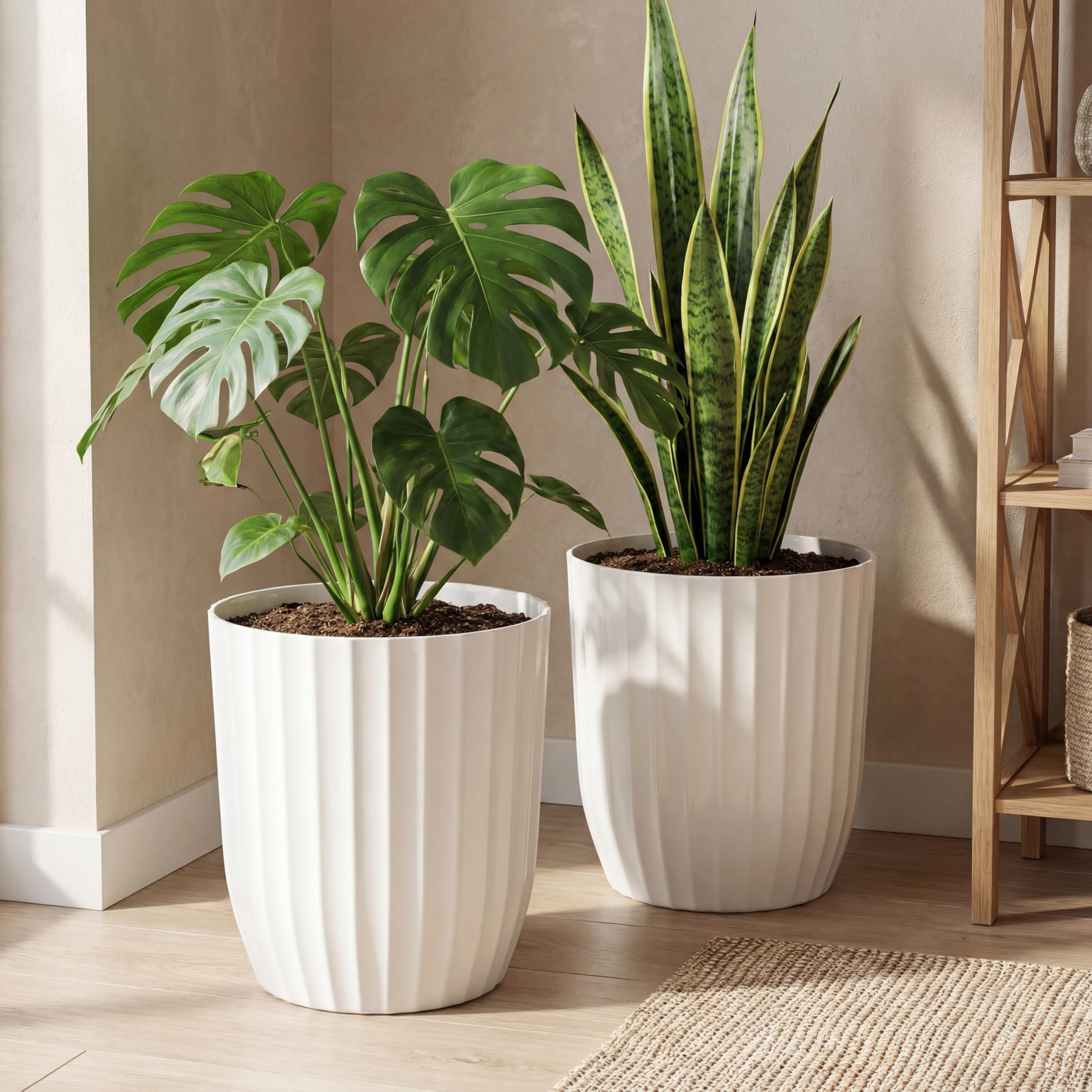 Briwooody front view of two white planters showcasing modern fluted design and balance