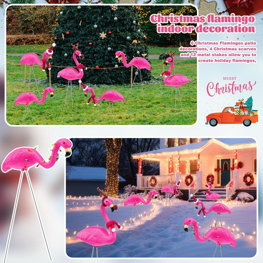 Briwooody flamingo flock on lawn at dusk showing outdoor durability and holiday atmosphere