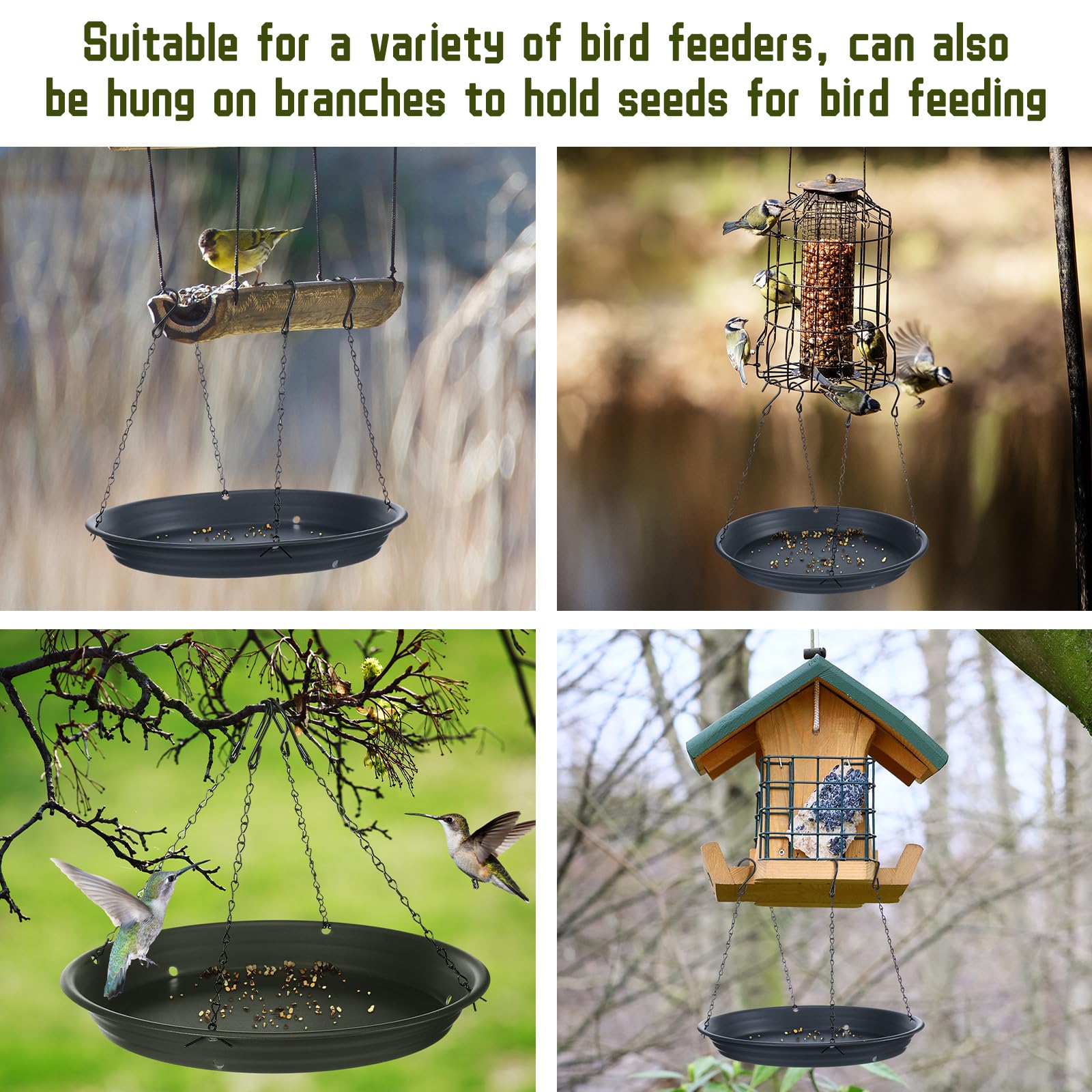 Briwooody tray hanging beneath feeder in backyard to keep lawn clean and attract birds