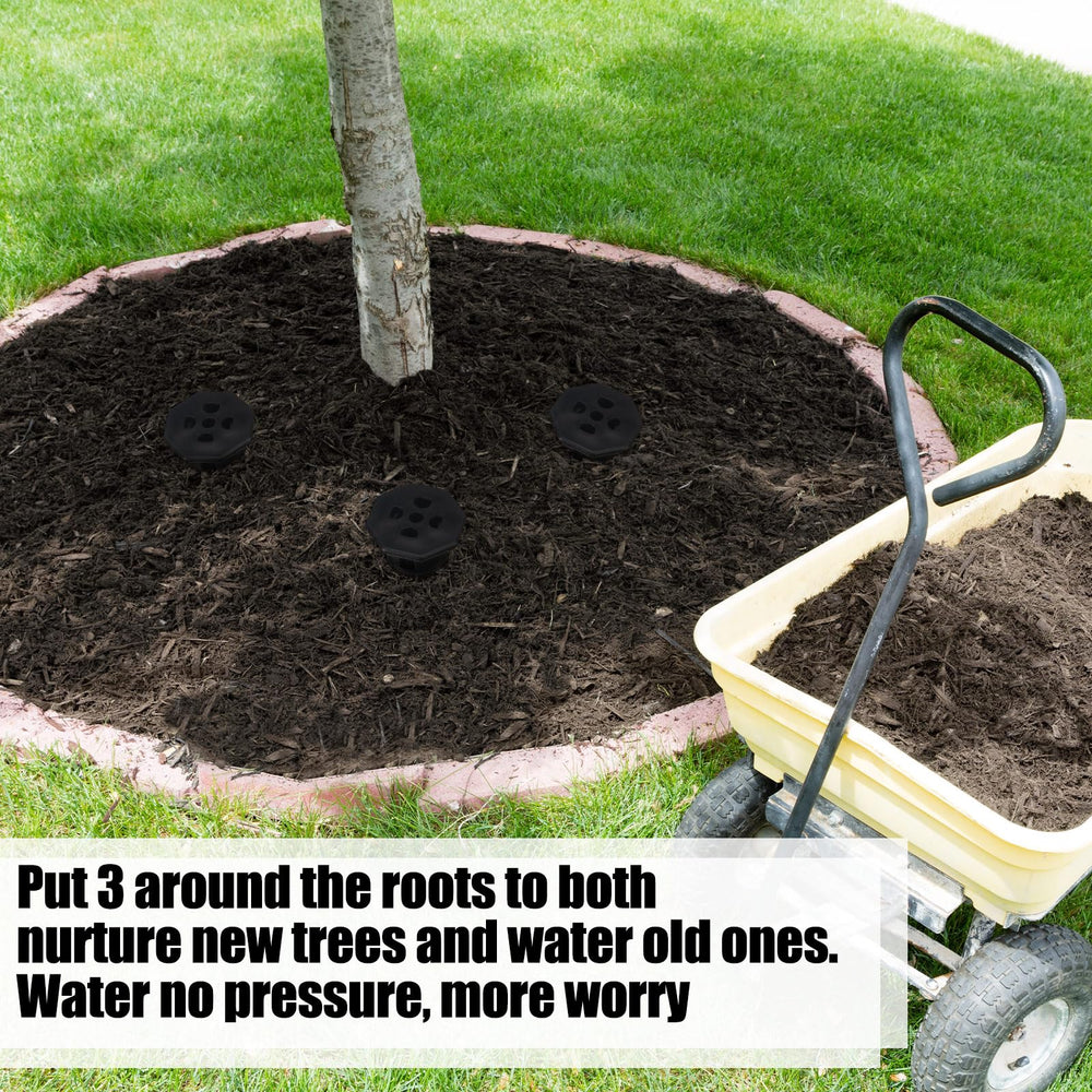 Briwooody several stakes installed around a young tree for efficient root irrigation