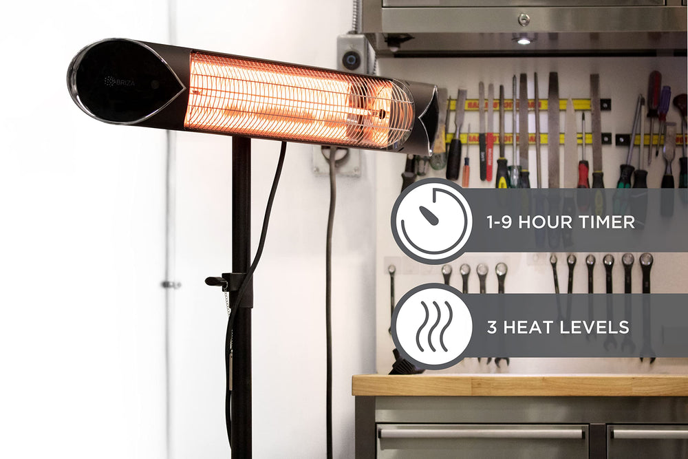 Briza ceiling-mounted in covered patio, providing focused overhead heat