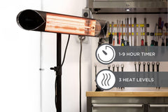 Briza ceiling-mounted in covered patio, providing focused overhead heat