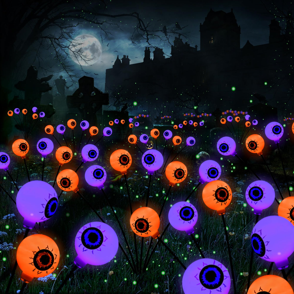 BrizLabs front view of six-pack eyeball lights showing spooky orange purple glow