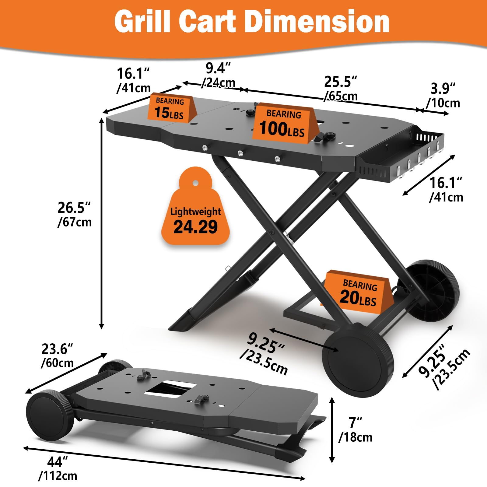 Broil-X folded flat in car trunk for compact transport and easy stowing