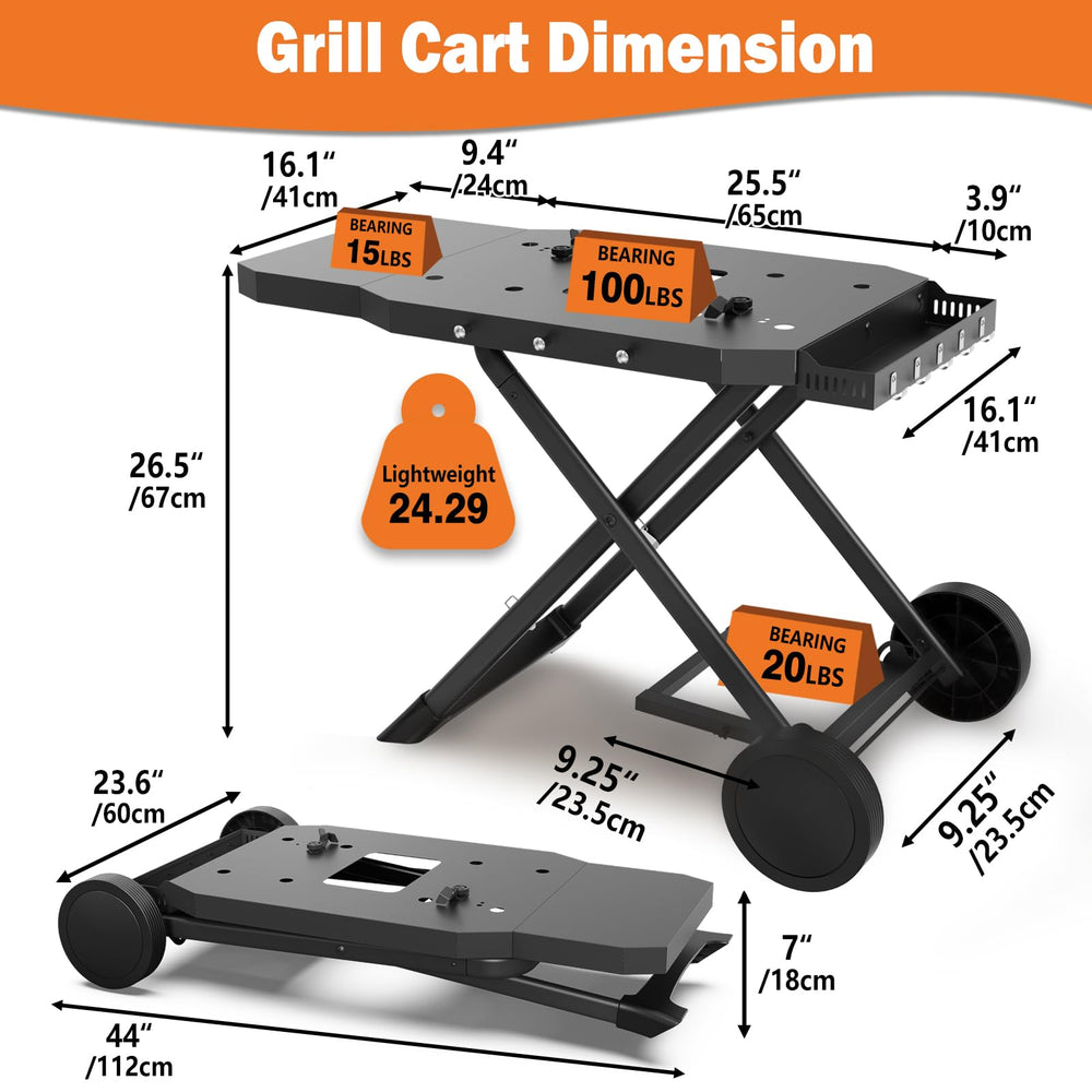 Broil-X folded flat in car trunk for compact transport and easy stowing