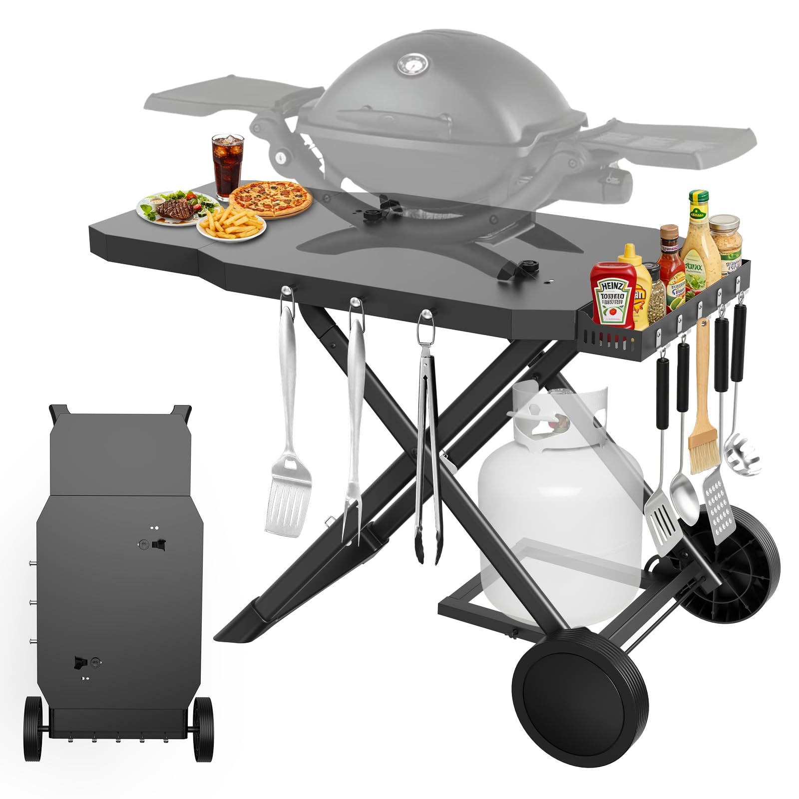 Broil-X front view showing cart with stable tabletop and grill compatibility benefits