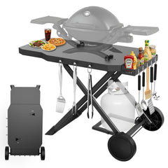 Broil-X front view showing cart with stable tabletop and grill compatibility benefits