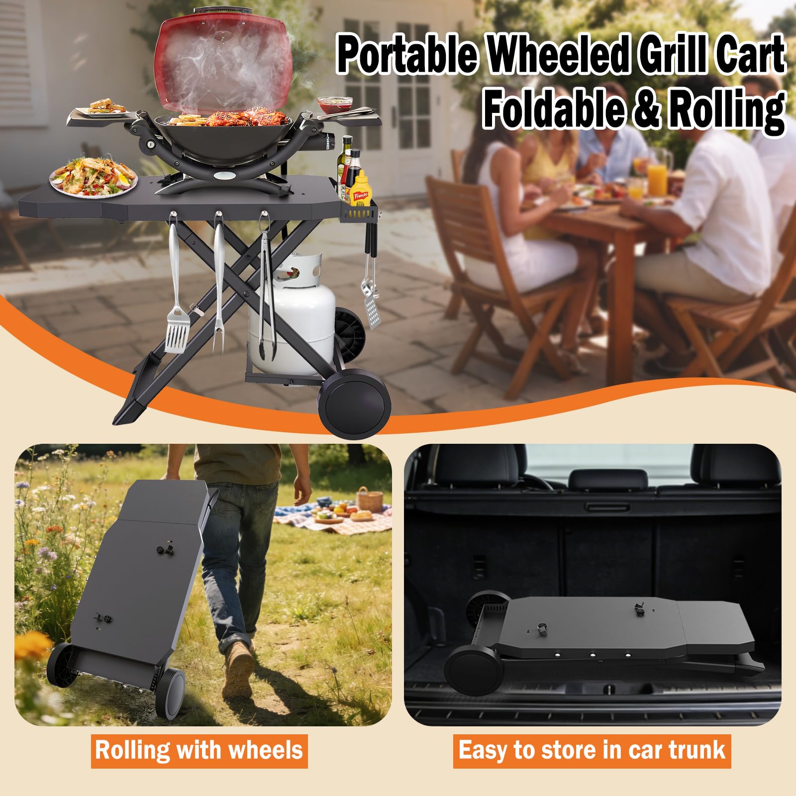 Broil-X foldable gas cylinder holder detail showing secure 20 lb tank storage