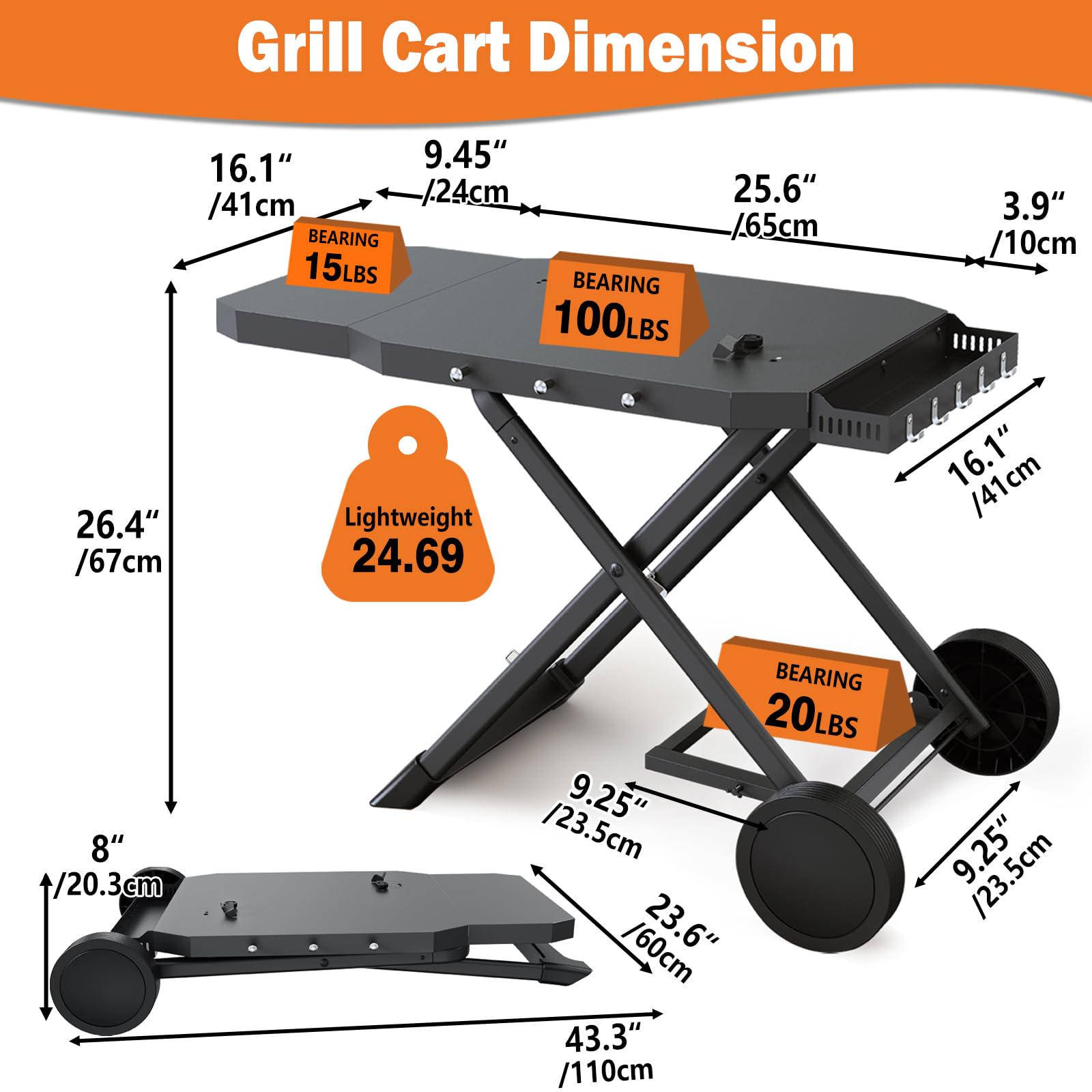 Broil-X folded cart next to a suitcase showing compact size and travel ease