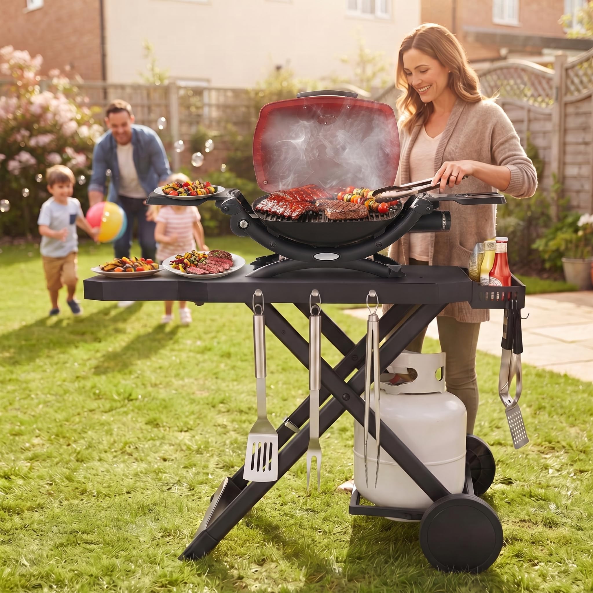 Broil-X large wheels and folding hinge for easy transport and storage