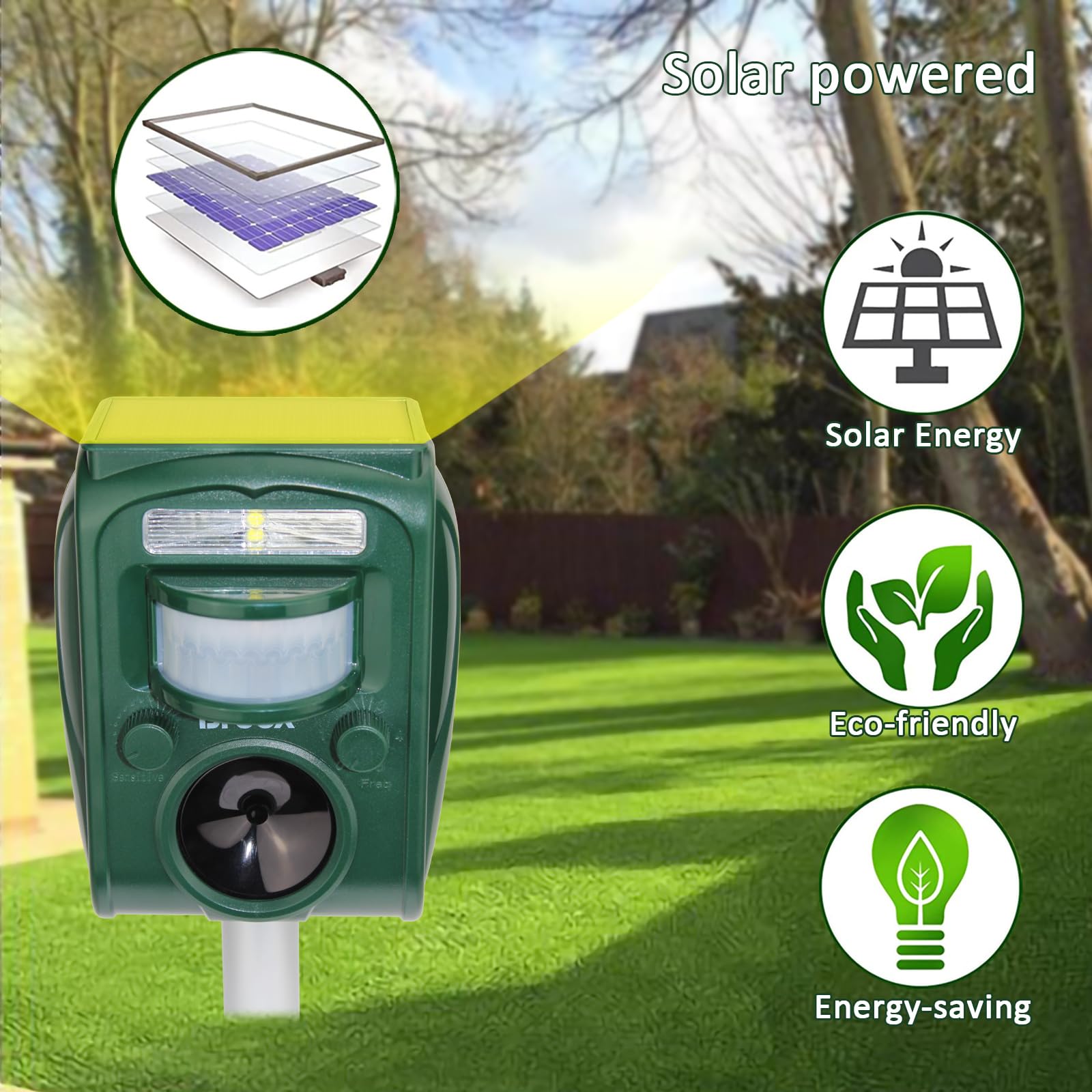 Broox LED flash closeup demonstrating visual deterrent for animals