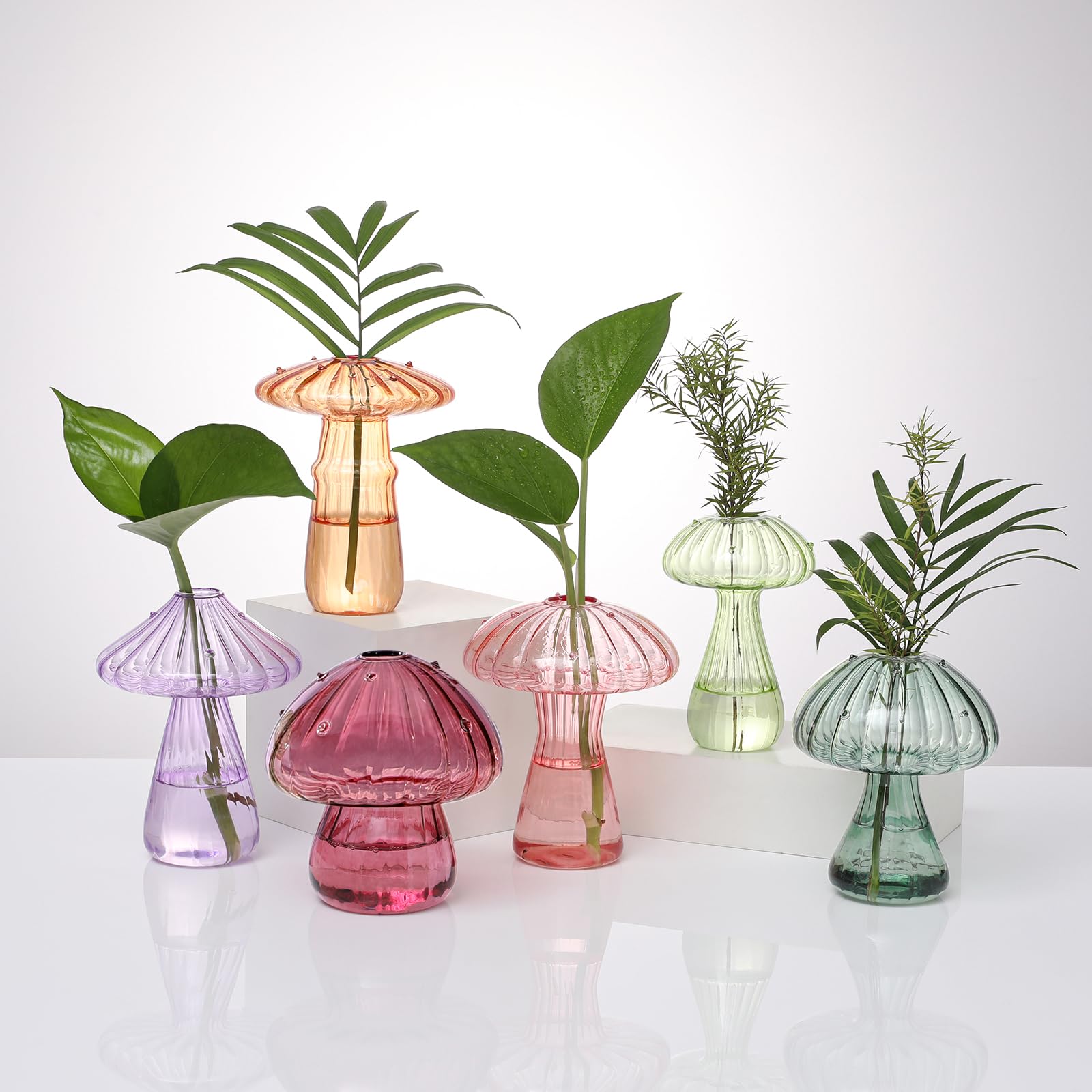 BROPGOD front view of mushroom glass vases showing colorful set and elegant design benefit