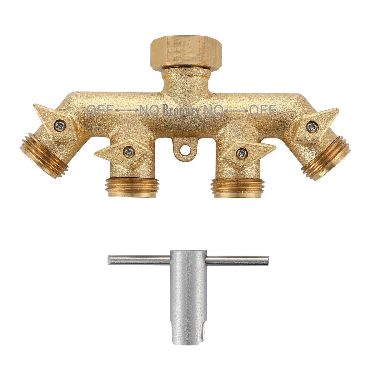 Bropury 4-way front view showing all four outlets and brass finish, durable control
