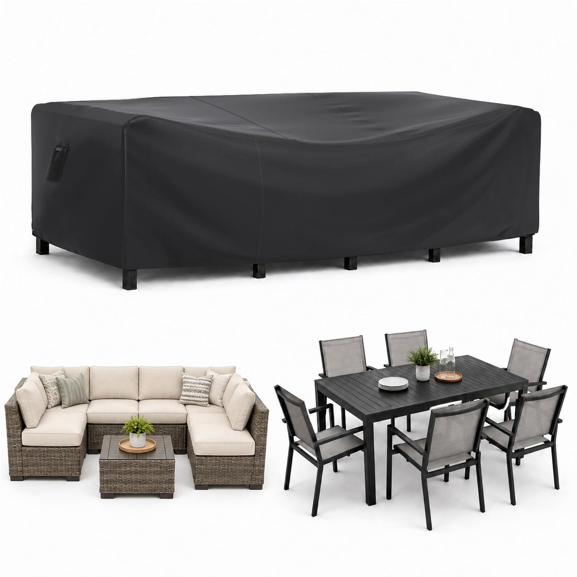 BROSYDA front view of full black cover protecting large patio set, shows generous fit and weather protection