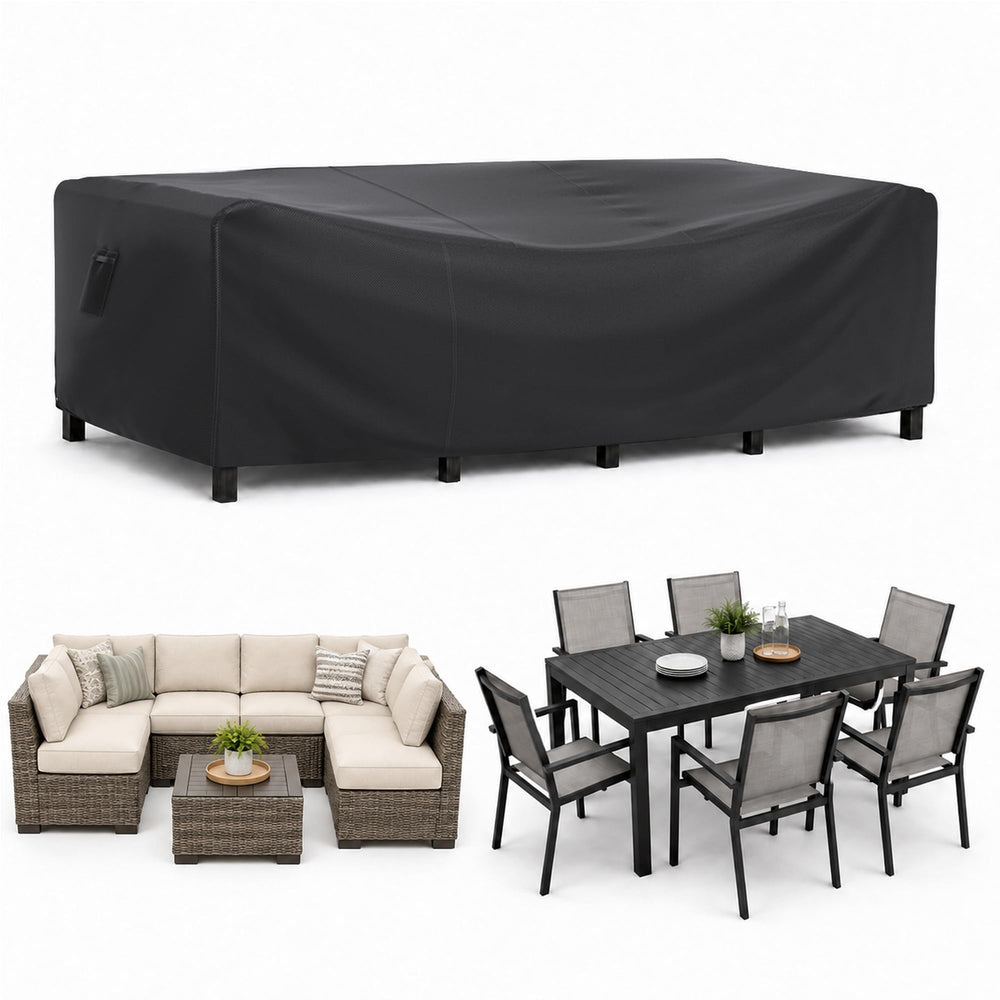 BROSYDA front view of full black cover protecting large patio set, shows generous fit and weather protection