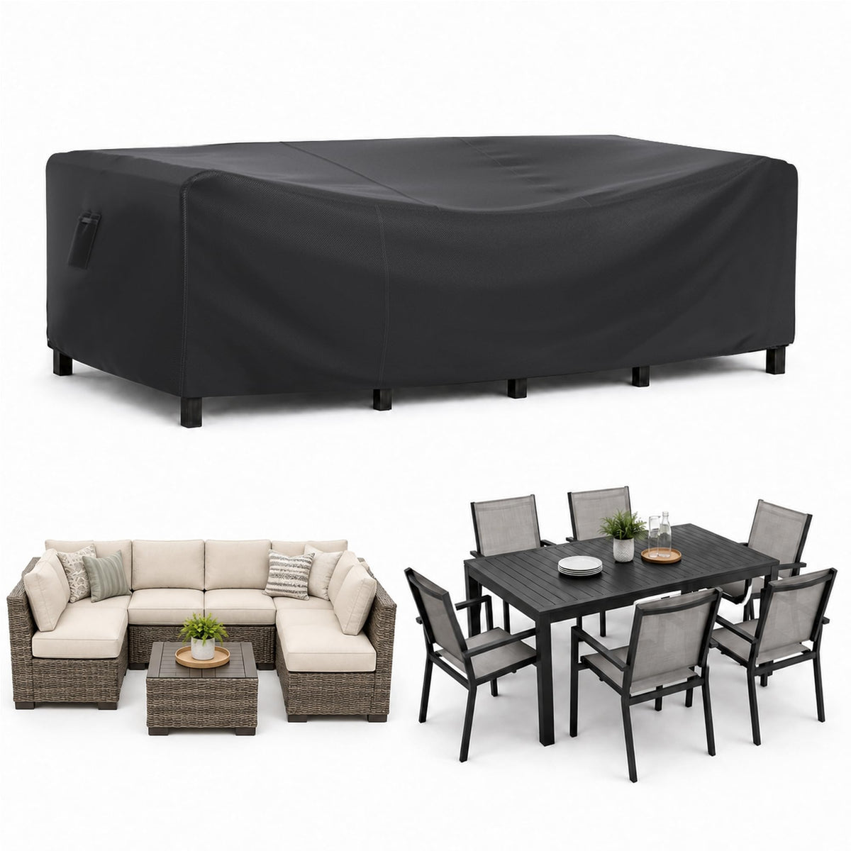 BROSYDA front view of full black cover protecting large patio set, shows generous fit and weather protection