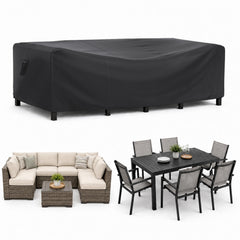 BROSYDA front view of full black cover protecting large patio set, shows generous fit and weather protection
