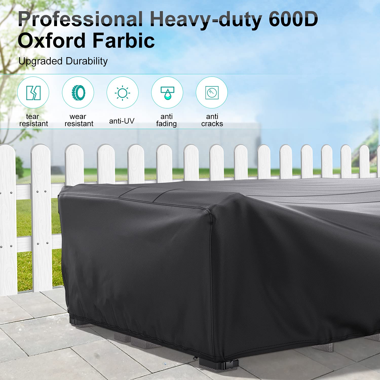 BROSYDA covered sectional in use demonstrating full coverage for couches and cushions, protecting from rain