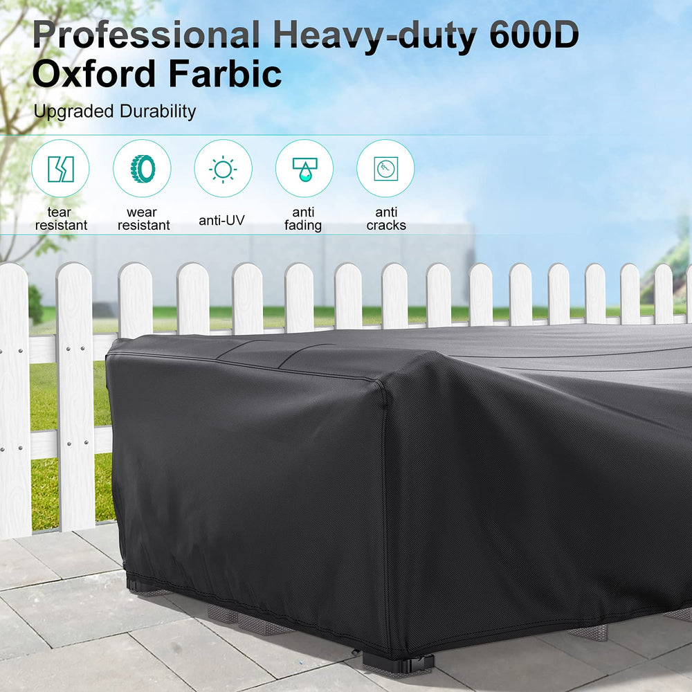 BROSYDA covered sectional in use demonstrating full coverage for couches and cushions, protecting from rain