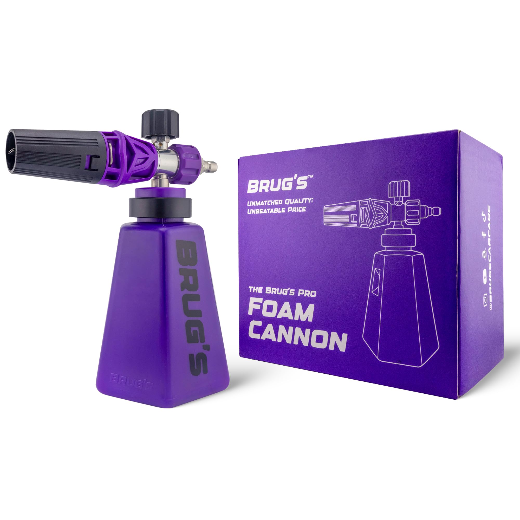 Brug's Pro Foam Cannon V2 front view showing robust build and controls, improved reliability