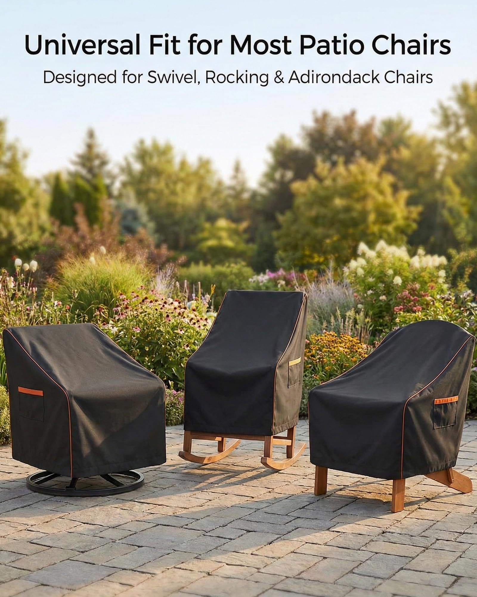 BRUXOLAY covered patio chair in use demonstrating protective fit and neat appearance