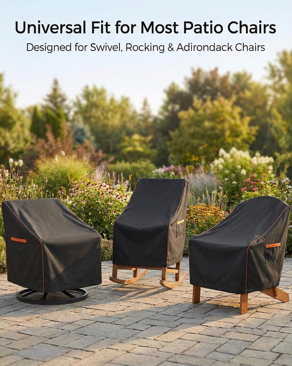 BRUXOLAY covered patio chair in use demonstrating protective fit and neat appearance