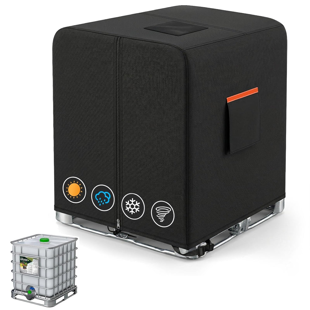 BRUXOLAY front view showing full black IBC cover protecting a 1000L tote for weather resistance