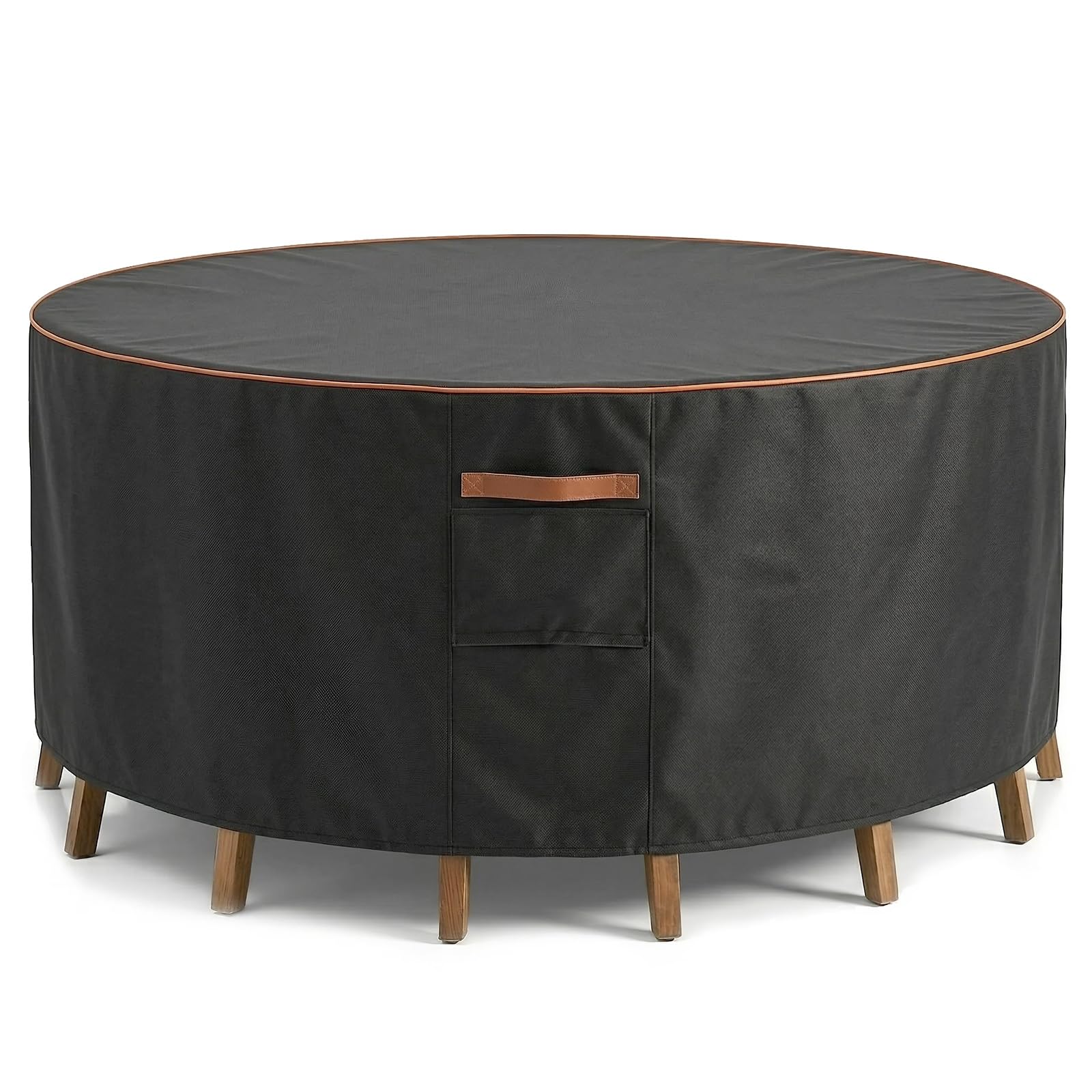 BRUXOLAY front view of round cover protecting patio set, shows full protection