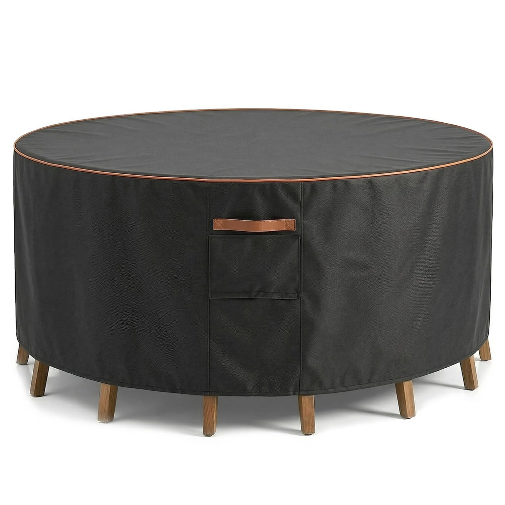 BRUXOLAY front view of round cover protecting patio set, shows full protection