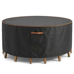 BRUXOLAY front view of round cover protecting patio set, shows full protection