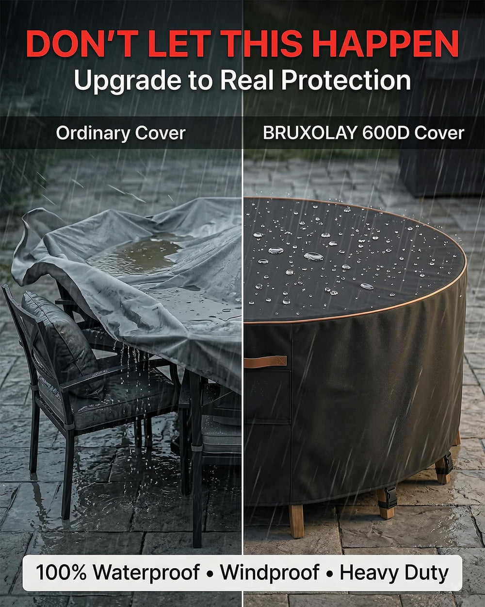 BRUXOLAY covered dining set on backyard deck, keeps furniture clean and dry