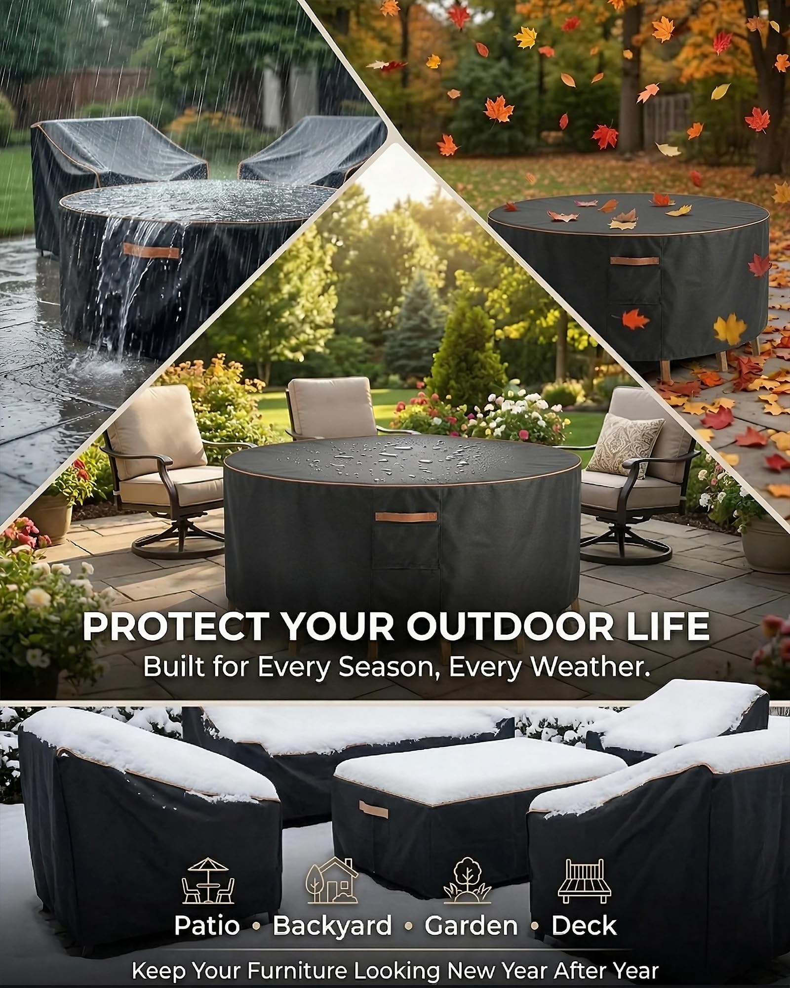 BRUXOLAY cover in evening garden lifestyle, protects furniture and preserves appearance