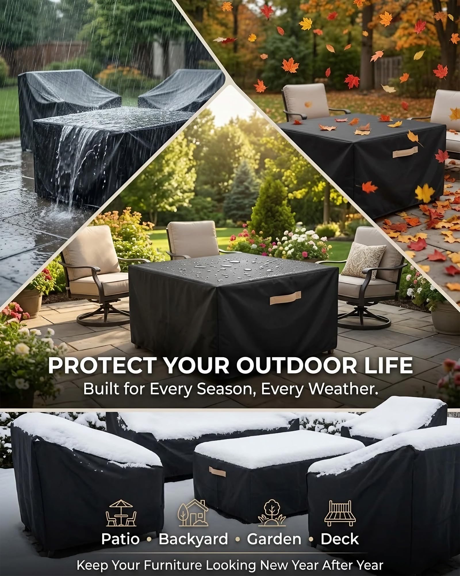BRUXOLAY cover shown with garden accessories, tidy all-season storage benefit