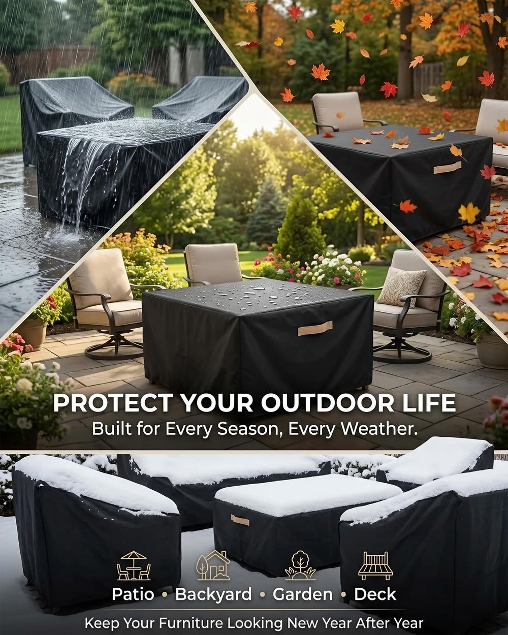 BRUXOLAY cover shown with garden accessories, tidy all-season storage benefit
