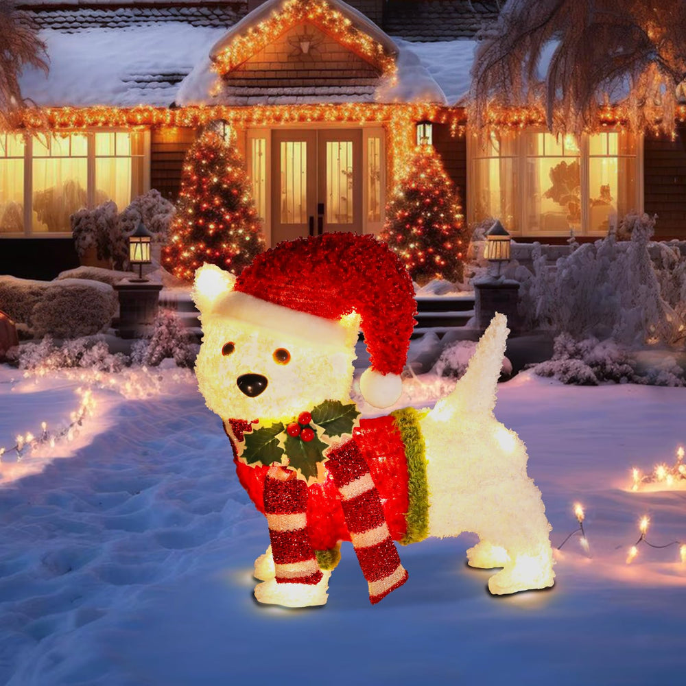 Bshine front view of white dog lit for a welcoming holiday display