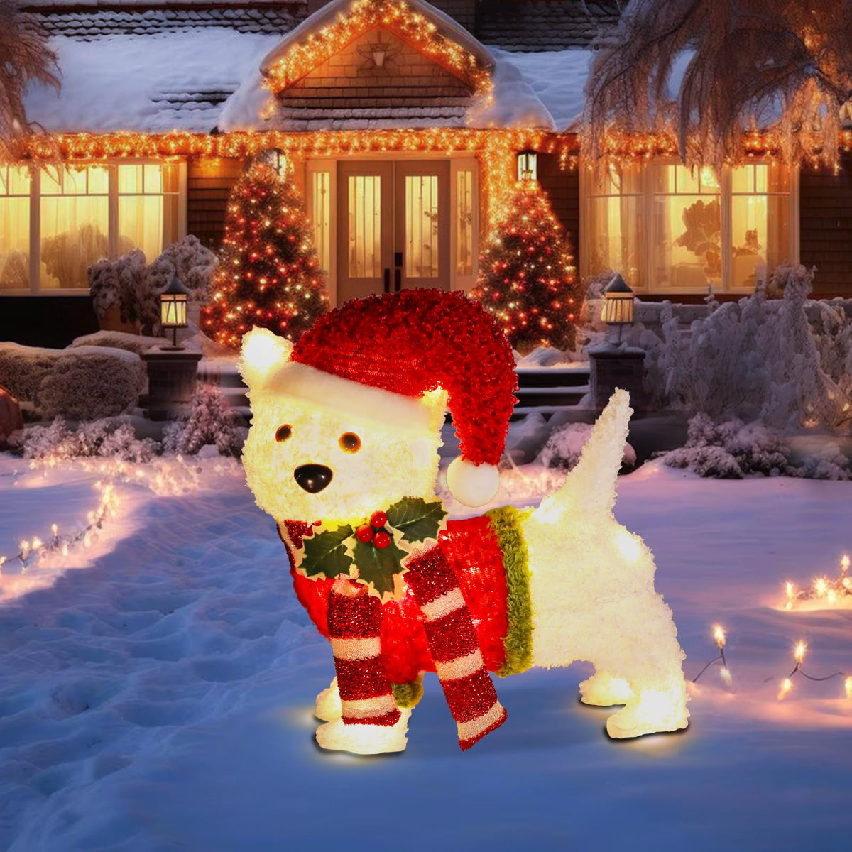 Bshine front view of white dog lit for a welcoming holiday display